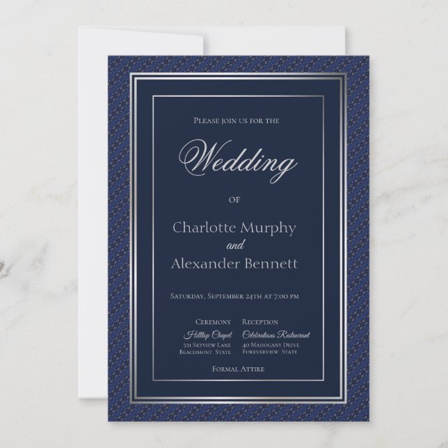 Elegant Dark Blue Silver Border Church Wedding Invitation (Front)