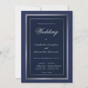 Elegant Dark Blue Silver Border Church Wedding Invitation