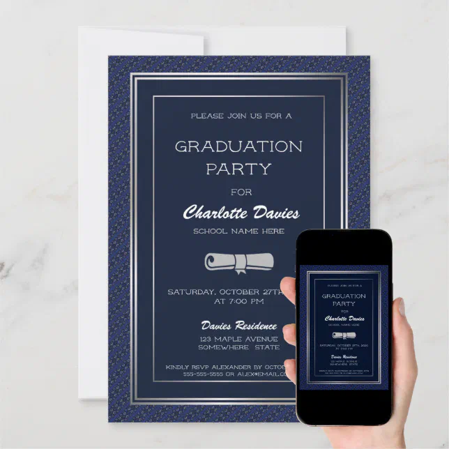 Elegant Dark Blue Silver Border Graduation Party Invitation | Zazzle