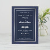 Elegant Dark Blue Silver Border Graduation Party Invitation (Standing Front)