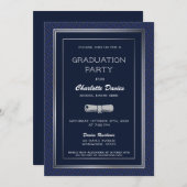 Elegant Dark Blue Silver Border Graduation Party Invitation (Front/Back)