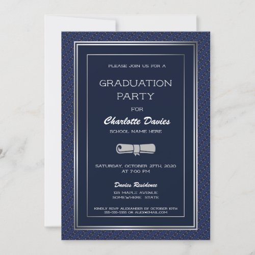 Elegant Dark Blue Silver Border Graduation Party Invitation