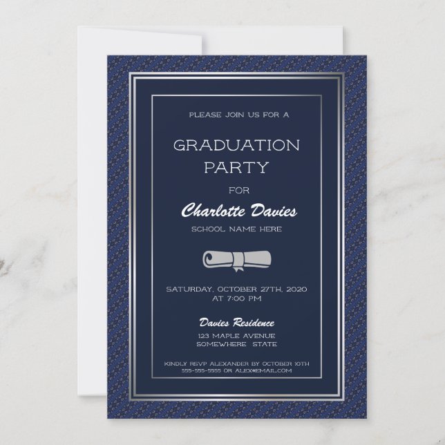 Elegant Dark Blue Silver Border Graduation Party Invitation (Front)