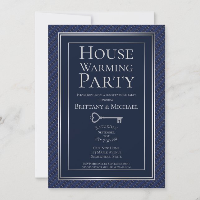 Elegant Dark Blue Silver Border Housewarming Party Invitation (Front)