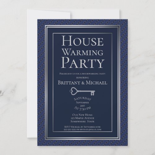 Elegant Dark Blue Silver Border Housewarming Party Invitation