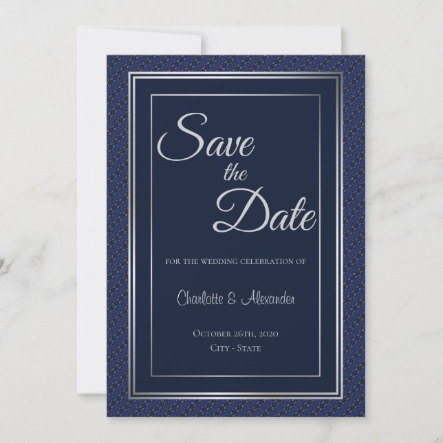 Elegant Dark Blue Silver Border Wedding Save the D Date (Front)