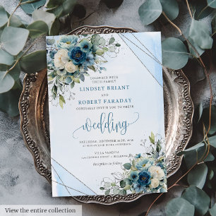 Elegant Dark Blue Silver Floral Wedding Invitation