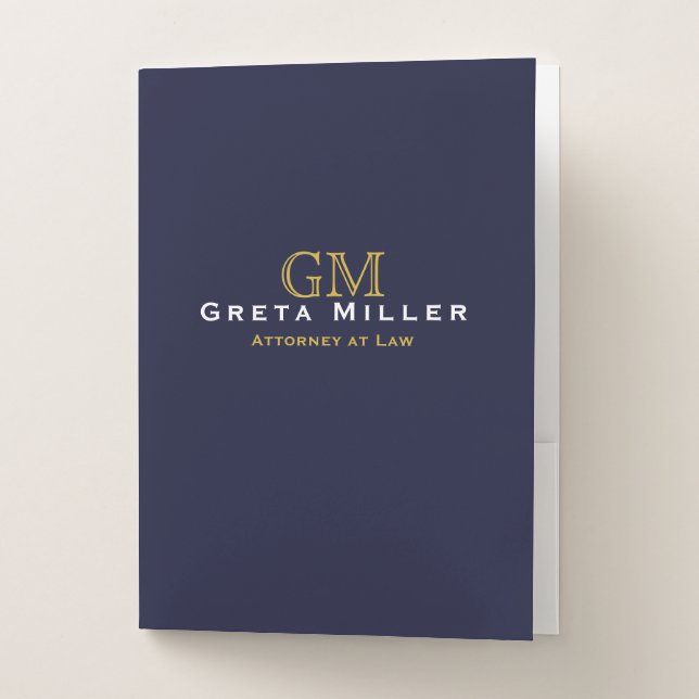 Elegant Dark Blue Simple Classic Gold Monogram Pocket Folder (Front)