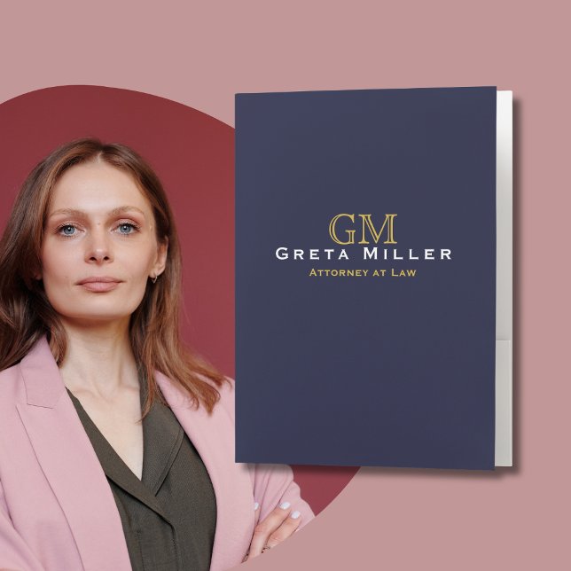 Elegant Dark Blue Simple Classic Gold Monogram Pocket Folder (Creator Uploaded)