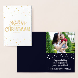 Elegant Dark Blue w/ Photo Christmas Gold/Silver Foil Card