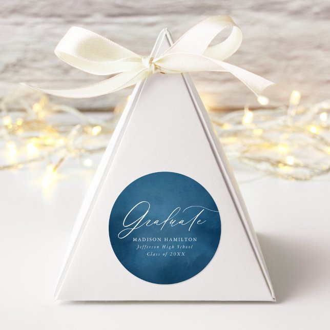 Elegant Dark Blue Watercolor Graduation Classic Round Sticker (Creator Uploaded)