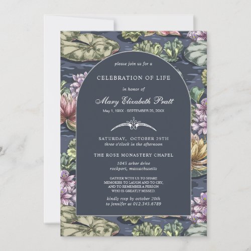 Elegant Dark Blue Waterlily Funeral Invitation