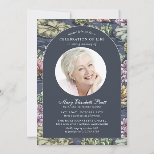 Elegant Dark Blue Waterlily Photo Funeral Invitation