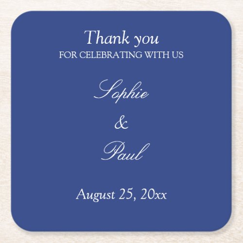 Elegant Dark Blue Wedding Thank You Square Paper Coaster