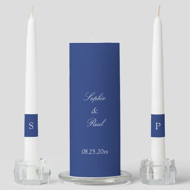 Elegant Dark Blue Wedding Unity Candle Set (Front)
