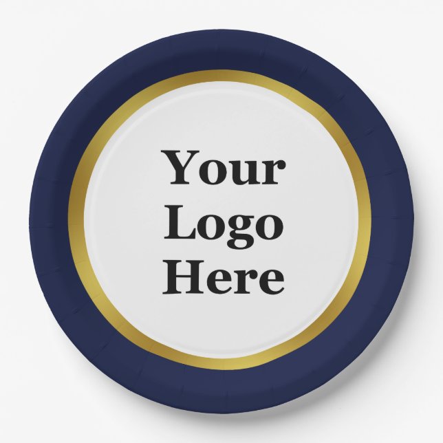 Elegant Dark Blue White and Gold Your Logo Here  Paper Plates (Front)