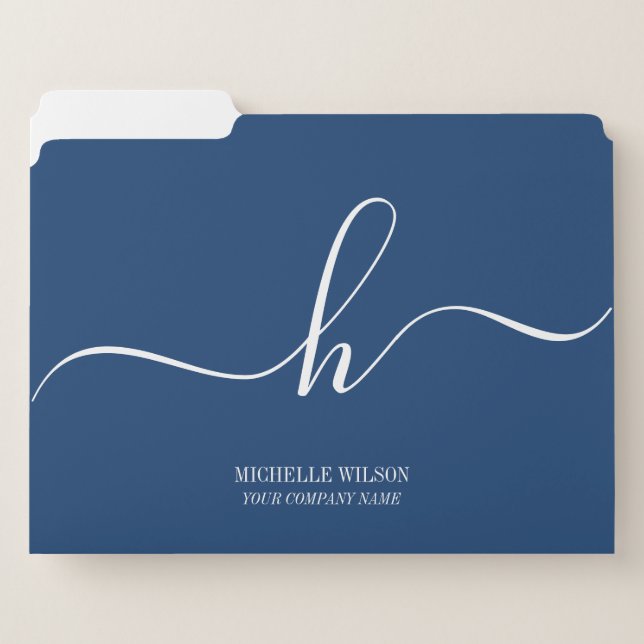 Elegant Dark Blue White Initial Script Name  File Folder (Front Left)