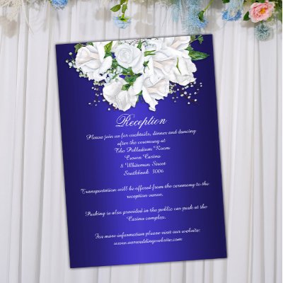 Elegant Dark Blue, White Roses Wedding Reception 