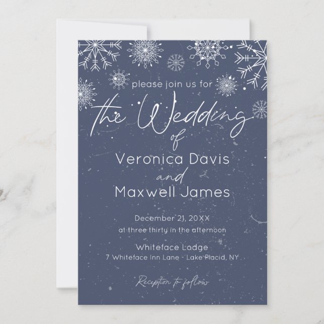 Elegant Dark Blue Winter Themed Snowflake Wedding Invitation (Front)