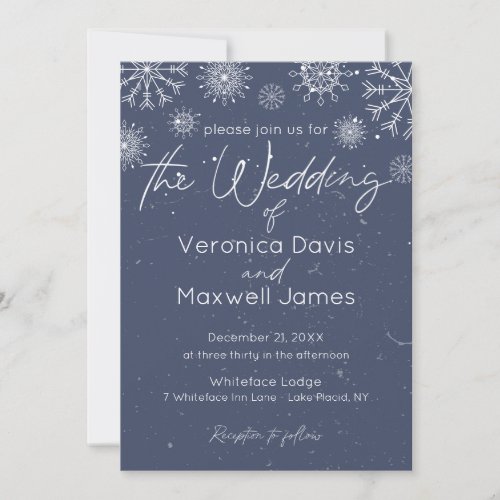 Elegant Dark Blue Winter Themed Snowflake Wedding Invitation