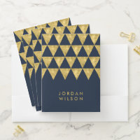 Elegant Dark Blue with Faux Gold Triangle Pattern Pocket Folder