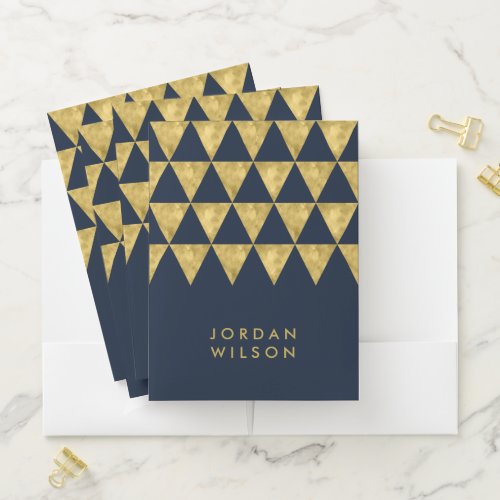 Elegant Dark Blue with Faux Gold Triangle Pattern Pocket Folder