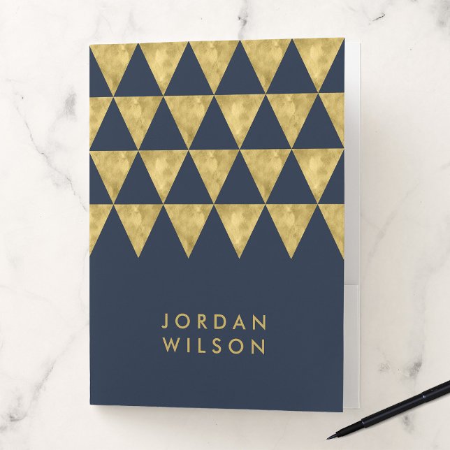 Elegant Dark Blue with Faux Gold Triangle Pattern Pocket Folder (Creator Uploaded)
