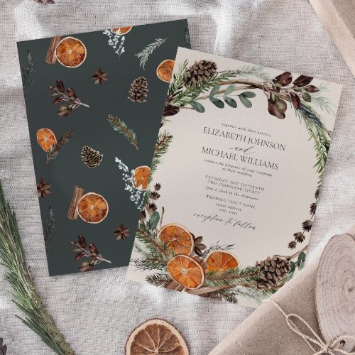 Elegant Dark Boho Citrus Greenery Winter Wedding Invitation