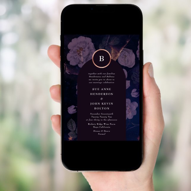 Elegant Dark Boho Floral Arch Rose Gold Wedding Invitation (Front Digital)