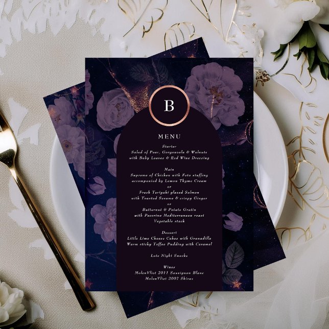 Elegant Dark Boho Floral Arch Rose Gold Wedding Menu (Creator Uploaded)