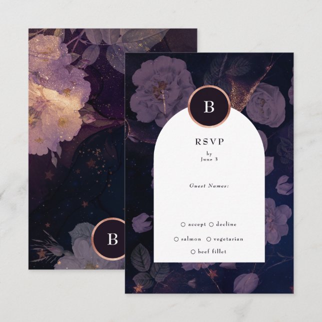 Elegant Dark Boho Floral Arch Rose Gold Wedding RSVP Card (Front/Back)