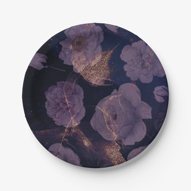 Elegant Dark Boho Floral Purple Botanical Wedding Paper Plates (Front)
