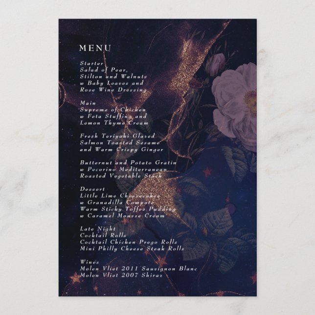 Elegant Dark Boho Floral Purple Fantasy Wedding Menu (Front)