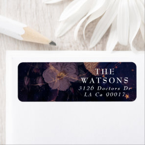 Elegant Dark Boho Floral Purple Rose Gold Wedding Label