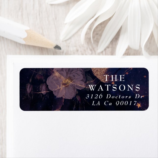Elegant Dark Boho Floral Purple Rose Gold Wedding Label (Insitu)