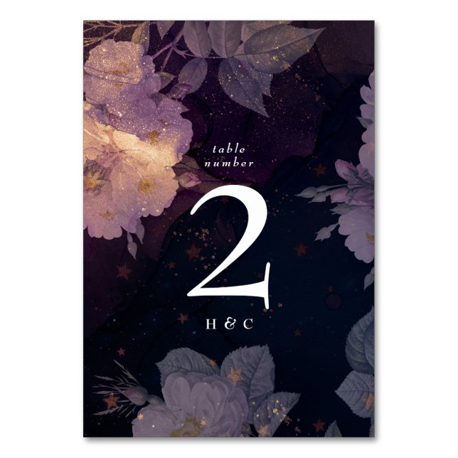 Elegant Dark Boho Floral Purple Rose Gold Wedding Table Number (Front)