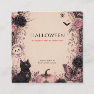 Elegant Dark Botanical Halloween Party Square Business Card