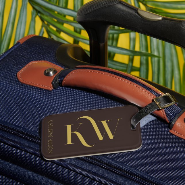 Elegant Dark Brown and Gold Monogram Luggage Tag (Front Insitu 3)