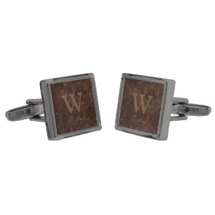 Elegant Dark Brown Cow Leather Texture Monogrammed Cufflinks