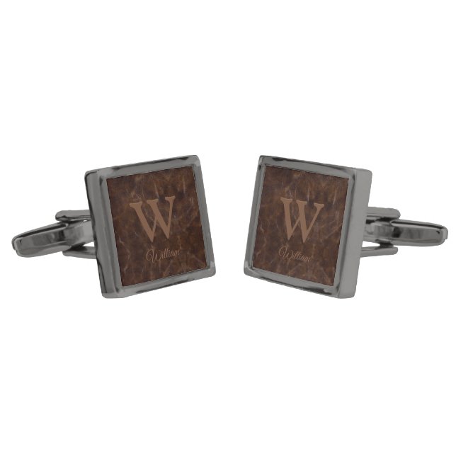 Elegant Dark Brown Cow Leather Texture Monogrammed Cufflinks (Angled)