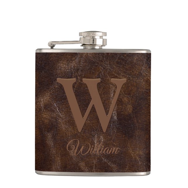 Elegant Dark Brown Cow Leather Texture Monogrammed Flask (Front)