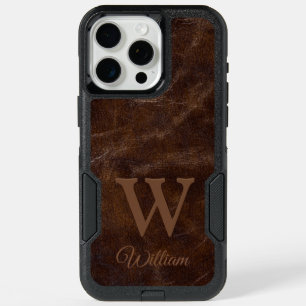 Elegant Dark Brown Cow Leather Texture Monogrammed iPhone 15 Pro Max Case