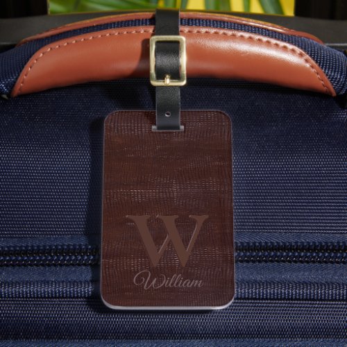 Elegant Dark Brown Cow Leather Texture Monogrammed Luggage Tag