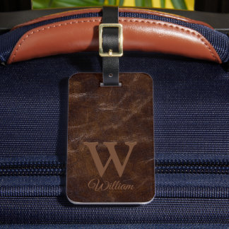 Elegant Dark Brown Cow Leather Texture Monogrammed Luggage Tag