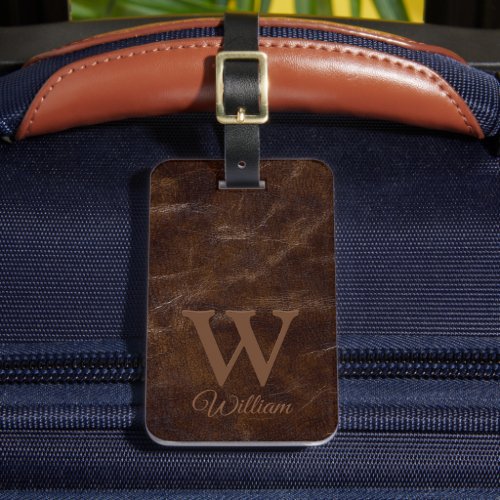 Elegant Dark Brown Cow Leather Texture Monogrammed Luggage Tag