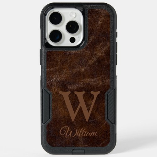 Elegant Dark Brown Cow Leather Texture Monogrammed iPhone 15 Pro Max Case