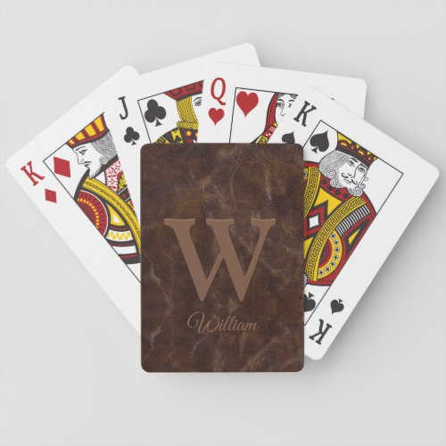 Elegant Dark Brown Cow Leather Texture Monogrammed Poker Cards