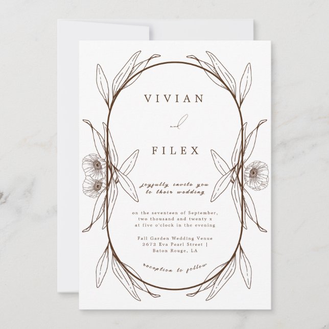 Elegant Dark Brown Floral Capsul Wedding Invitation (Front)