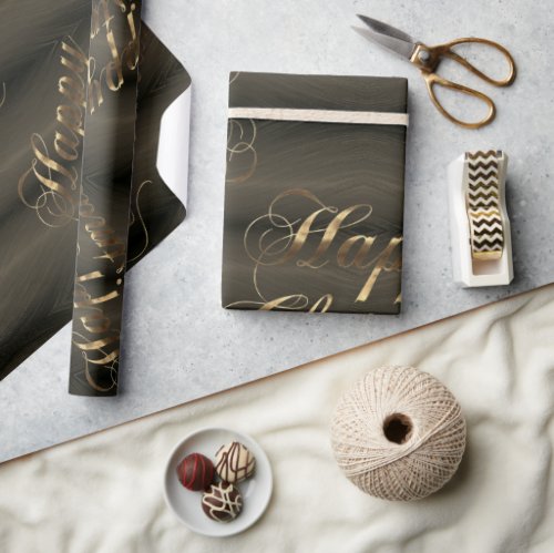 Elegant Dark Brown Gold Script Happy Christmas Wrapping Paper