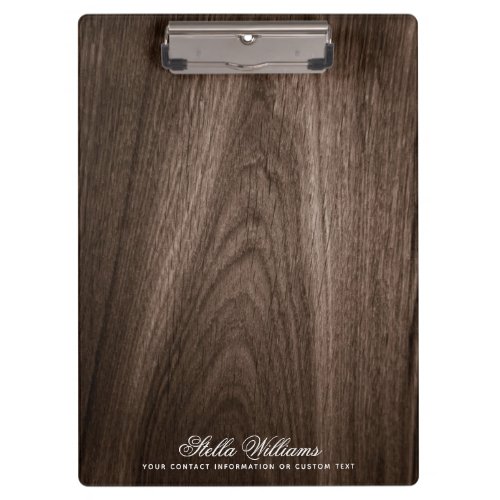 Elegant dark brown oak wood grain custom name clipboard